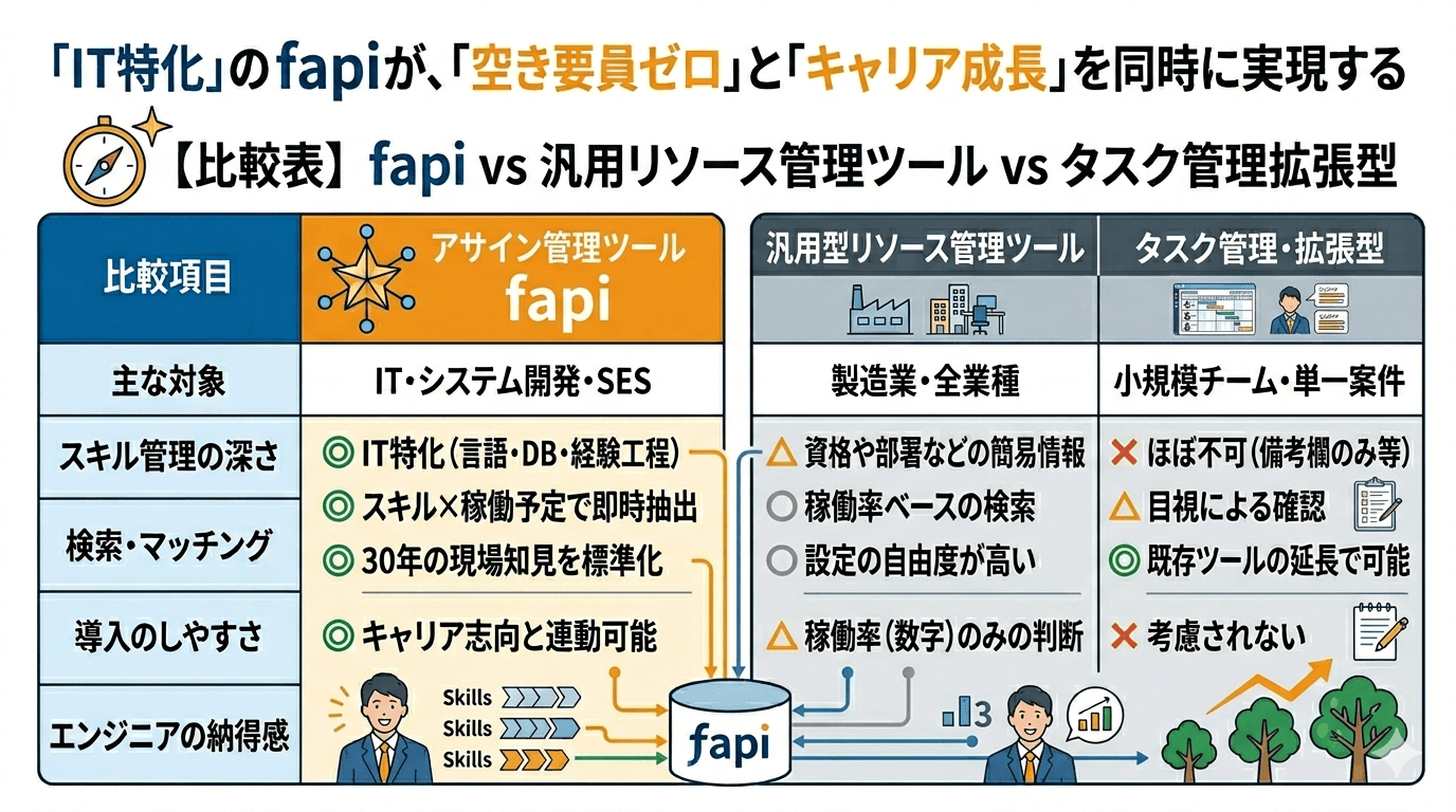 アサイン管理ツール「fapi」と他社ツールの比較｜IT特化の強み