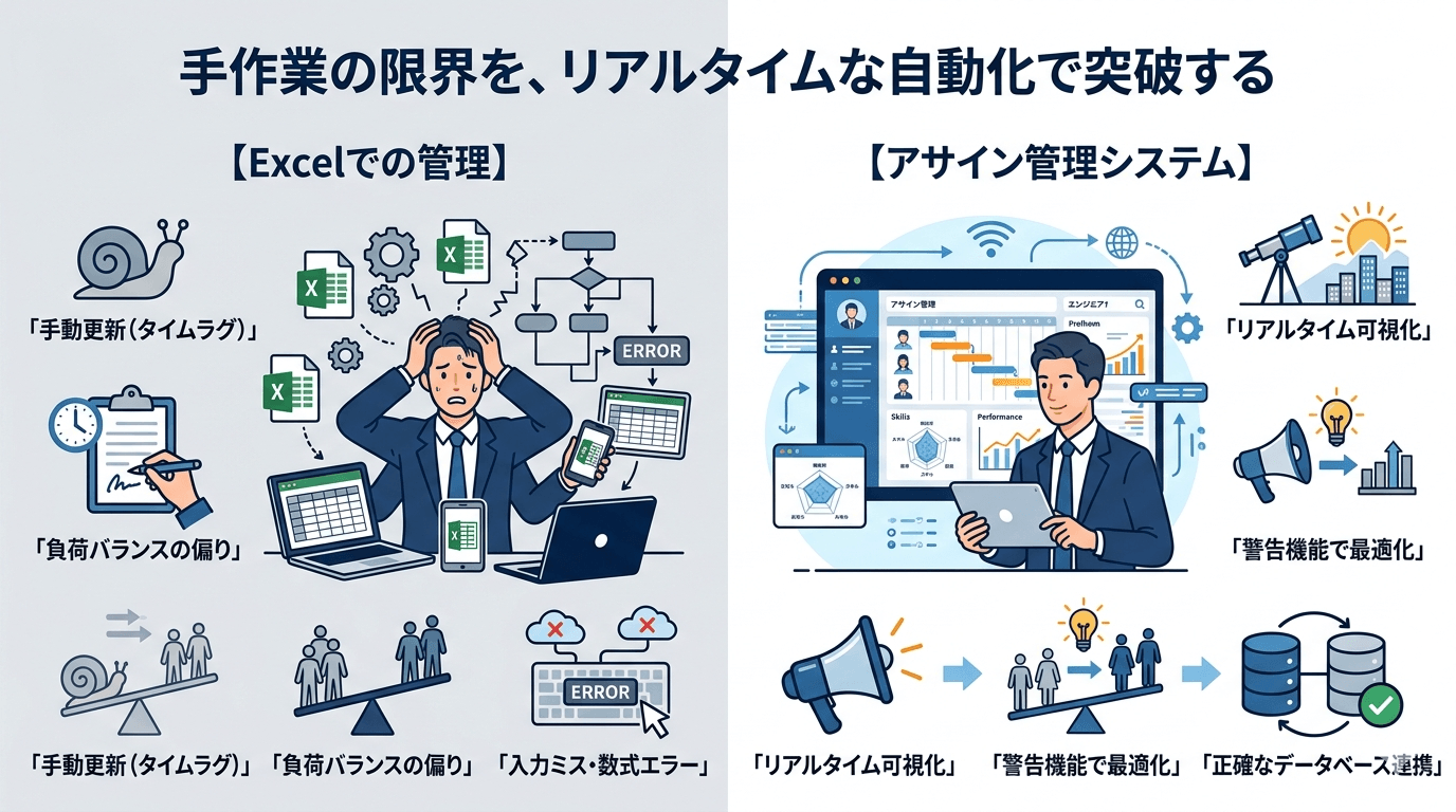 【比較】Excel管理とアサイン管理システムの決定的な違い