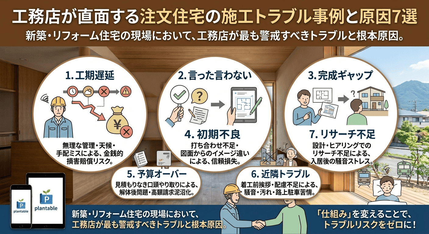 工務店が直面する注文住宅の施工トラブル事例と原因7選