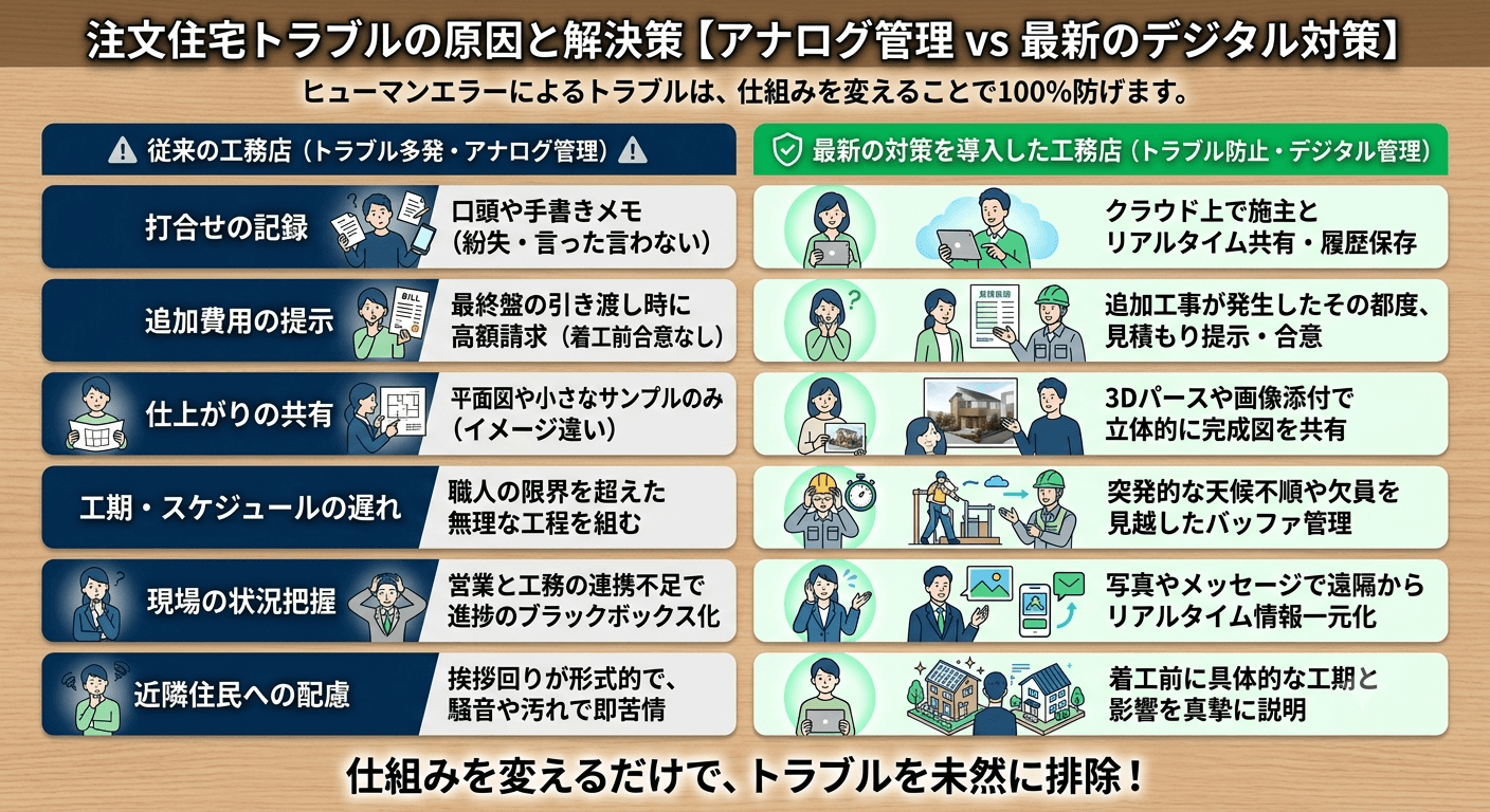注文住宅のよくあるトラブル原因【アナログ管理vs最新のデジタル対策】